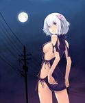  breasts dark_background flower fragile:_sayonara_tsuki_no_haikyo from_side full_moon hair_flower hair_ornament keypot looking_at_viewer looking_back medium_breasts moon night night_sky power_lines purple_eyes ren_(fragile) short_hair sideboob sky solo telephone_pole transformer white_hair 