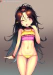  1girl ;p absurdres ass_visible_through_thighs bandaid bandaid_on_nose bare_arms bare_shoulders bikini black_hair blue_hair blush brown_background c-ms_(girls_frontline) collarbone commentary_request fingernails girls_frontline gradient gradient_background gradient_hair hair_ornament hand_up head_tilt highres korean_commentary leonat long_hair mismatched_bikini multicolored_hair navel one_eye_closed pink_bikini_top red_eyes red_hair solo swimsuit thigh_gap tongue tongue_out very_long_hair watermark web_address yellow_bikini_bottom 