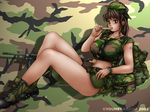  2003 artist_name backwards_hat bandaid boots breasts camo camouflage camouflage_background character_request copyright_request cracker eating food gun hat headwear_removed helmet helmet_removed huge_breasts large_breasts long_hair looking_at_viewer machine_gun midriff solo weapon wristwatch youhei_kozou 