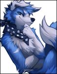  2019 anthro bandanna black_nose blue_eyes canid canine canis dipstick_tail domestic_dog falvie floppy_ears fur hair humanoid_hands looking_at_viewer male mammal multicolored_tail simple_background smile solo teeth white_background 
