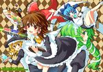  absurdres alternate_costume apron argyle argyle_background blonde_hair blue_eyes blue_hair bow braid brown_hair checkerboard_cookie cirno cookie cup enmaided food green_eyes green_hair hair_ornament hakurei_reimu hat highres kirisame_marisa kochiya_sanae maid mitsuki_meiya multiple_girls pudding red_eyes short_hair snake teacup teapot touhou tray wings witch_hat yellow_eyes 