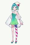  1girl asymmetrical_legwear bangs cherry commentary_request diagonal_stripes dress food food_as_clothes fruit full_body gradient_dress gradient_hair green_dress green_eyes green_footwear green_hair highres ice_cream kisaragi_yuu_(fallen_sky) looking_at_viewer multicolored_hair original see-through shoes short_dress short_hair signature simple_background single_scoop sleeveless sleeveless_dress solo standing strapless strapless_dress striped striped_legwear white_background 