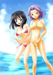  bikini black_hair blue_eyes breasts cloud day front-tie_top highres holding_hands kajiki_yumi large_breasts micro_bikini multiple_girls outdoors purple_hair red_eyes saki side-tie_bikini sky string_bikini swimsuit touyoko_momoko underboob urutsu_sahari water 