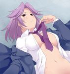  breasts kajiki_yumi large_breasts lowres maruto! necktie no_bra open_clothes open_shirt purple_hair saki school_uniform shirt solo tsuruga_school_uniform undressing 