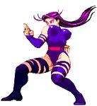  animated animated_gif belt boots bouncing_breasts breasts covered_nipples elbow_gloves fighting_stance fingerless_gloves gloves large_breasts leotard long_hair lowres marvel marvel_vs._capcom psylocke purple_hair solo thigh_boots thighhighs x-men 