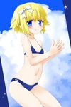  bangs bikini blonde_hair blue_bikini blush day flat_chest light_smile navel noto_(soranoto) original short_hair solo swimsuit 