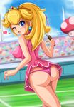  ass blonde_hair blue_eyes breasts crown dress earrings heart jewelry large_breasts lipstick long_hair looking_back makeup mario_(series) mushroom nail_polish one_eye_closed panties pink_dress pink_nails ponytail princess_peach racket sigurd_hosenfeld solo super_mario_bros. super_mushroom tennis tennis_racket thong underwear 