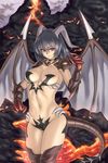  bat_wings black_hair demon_girl horns houtengeki long_hair molten_rock navel original red_eyes smile solo tail thighhighs wings 