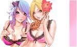  :d aqua_eyes armlet bangs blonde_hair blue_hair blush bow bow_bra bra breast_suppress breasts bug butterfly cleavage eyelashes eyeshadow finger_to_face fingernails flower gradient_hair green_eyes hair_flower hair_ornament highres insect lace lace_bra large_breasts lingerie lips lipstick long_fingernails long_hair looking_at_viewer looking_away makeup multicolored_hair multiple_girls nail_polish naughty_face open_mouth orange_hair original parted_bangs purple_hair see-through simple_background smile third-party_edit underboob underwear underwear_only upper_body wallpaper wavy_hair widescreen yamashita_shun'ya 