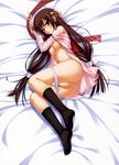  absurdres bare_shoulders bed between_legs black_legwear bottomless breasts brown_hair dakimakura flower full_body hair_flower hair_ornament hair_ribbon hand_between_legs highres kneehighs long_hair lying masturbation medium_breasts muririn nipples off_shoulder on_side open_clothes open_shirt panties panty_pull red_eyes ribbon shirt socks solo tenshinranman thighs tsurime underwear unohana_no_sakuyahime very_long_hair white_panties 