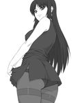  ass breasts covered_nipples greyscale hiiragi_kaname long_hair looking_back medium_breasts monochrome nee_chanto_shiyou_yo! nee_chanto_shiyou_yo!_2 panties panties_under_pantyhose pantyhose shichimenchou simple_background skirt skirt_lift solo thighband_pantyhose underwear 