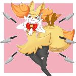  1girl animal_ear_fluff animal_ears artist_name bell border bow bowtie braixen creatures_(company) fangs female fox_ears fox_tail furry game_freak gen_6_pokemon half-closed_eyes hand_on_own_face hand_up happy heart heart-shaped_pupils highres holding holding_knife jingle_bell jpeg_artifacts kitchen_knife knife leg_up mezmaroon nintendo no_humans open_mouth orange_eyes outline paws pink_background pokemon pokemon_(creature) red_bow red_neckwear signature simple_background smile solo standing standing_on_one_leg stick symbol-shaped_pupils tail white_border white_outline yandere 