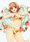 :d absurdres ahoge arms_up bikini breasts cleavage copyright_request cowboy_shot floral_print front-tie_top hairband highres koutaro medium_breasts navel open_mouth open_towel print_bikini short_hair side-tie_bikini simple_background smile solo string_bikini swimsuit towel 
