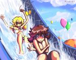  2girls balloon bikini blonde_hair blush breasts brown_hair covering covering_breasts fun large_breasts long_hair lowres mario_(series) midriff multiple_girls nezutora nintendo open_mouth outdoors pixel_07 princess_daisy princess_peach sky super_mario super_mario_bros. super_mario_land swimsuit topless wardrobe_malfunction water water_slide 