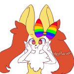  1girl :3 animal_ear_fluff animal_ears artist_name blush blush_stickers bow braixen closed_mouth creatures_(company) female fox_ears furry game_freak gen_6_pokemon hair_bow hands_on_own_cheeks hands_on_own_face happy heart heart-shaped_pupils highres jpeg_artifacts mezmaroon nintendo no_humans pokemon pokemon_(creature) rainbow_bow red_eyes signature simple_background smile solo symbol-shaped_pupils upper_body white_background 