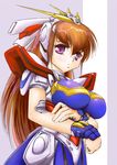  1girl breast_hold breasts brown_hair commentary_request g_gundam god_gundam gundam large_breasts long_hair mecha_musume mori_chu purple_eyes robot_ears solo 