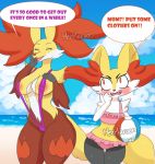  2girls animal_ear_fluff animal_ears areola_slip areolae artist_name ball beach beachball bikini blue_sky blush braixen breasts cameltoe clenched_hand clothed_pokemon cloud cowboy_shot creatures_(company) day delphox embarrassed english_text eyes_closed fangs female flat_chest fox_ears fox_tail frilled_bikini frills furry game_freak gen_6_pokemon hand_on_own_chest hand_on_own_face hand_up hands_up happy highres holding jpeg_artifacts large_breasts looking_at_another looking_to_the_side looking_up mezmaroon mother_and_daughter multiple_girls nintendo no_humans ocean one-piece_swimsuit open_mouth outdoors pink_bikini pokemon pokemon_(creature) purple_swimsuit red_eyes sand signature sky slingshot smile speech_bubble standing swimsuit tail talking text_focus thigh_gap water 