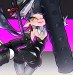  +_+ 1girl :3 aori_(splatoon) artist_name black_hair black_jumpsuit breasts cleavage closed_mouth collar commentary cowboy_shot detached_collar domino_mask earrings food food_on_head gloves grey_legwear half-closed_eyes holding holding_weapon jewelry leaning_to_the_side light_particles lips long_hair looking_at_viewer mask mole mole_under_eye object_on_head pantyhose pointy_ears short_jumpsuit signature small_breasts smile solo splat_roller_(splatoon) splatoon splatoon_(series) splatoon_1 standing strapless sushi tentacle_hair thigh_gap ueda_kou weapon white_collar white_gloves yellow_eyes 