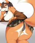  areola breasts brown_hair butt camel_toe canid canine clothed clothing dipstick_tail faeki female fox full_bokko_heroes_x fur hair kemono looking_at_viewer mammal multicolored_tail nipples ogigayatsu_sadamasa_(full_bokko_heroes_x) open_mouth orange_fur raised_tail rear_view red_fox smile solo yellow_eyes 