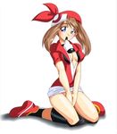  bandana blue_eyes blush bottomless breasts brown_hair cleavage gloves haruka_(pokemon) hat medium_breasts mouth_hold open_clothes open_shirt pokemon rubyconcream shirt simple_background sitting solo wariza white_background 