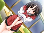  apron black_hair blush covering embarrassed game_cg matsuo_yukihiro memories_off memories_off#5 open_mouth orange_eyes plaid sendou_mahiro short_hair skirt skirt_tug solo table thigh_gap waitress window 