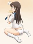  adjusting_bow adjusting_clothes ass blush bow brown_hair dressing food food_in_mouth lielos looking_back mouth_hold no_pants original panties school_uniform sera_haruna sitting socks solo toast toast_in_mouth underwear wariza 