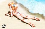  ass back barefoot beach bikini blonde_hair blue_eyes day feet hisahiko looking_back lying presia_zenoskis side_ponytail soles solo super_robot_wars super_robot_wars_the_lord_of_elemental swimsuit thong_bikini topless 