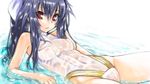  arm_support bare_shoulders casual_one-piece_swimsuit hikabe_sakuho leotard long_hair lying on_back one-piece_swimsuit purple_hair red_eyes see-through sheer_leotard shinrabanshou swimsuit water wet yuuyami_no_mikazuki 