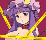  :&lt; bangs bdsm blueberry_(5959) blunt_bangs breasts caution_tape censored chain collar collarbone crescent crescent_hair_ornament hair_ornament hat large_breasts long_hair mob_cap nude patchouli_knowledge purple_eyes purple_hair simple_background solo sweat touhou 