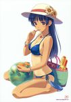  absurdres bikini blue_eyes blue_hair breasts cleavage hat highres jewelry koutaro long_hair medium_breasts necklace one-piece_tan original side-tie_bikini sideboob sitting solo swimsuit tan tanline wariza water_gun 