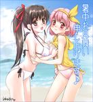  asymmetrical_docking bikini blush breast_press breasts brown_eyes day hairband kanda_aya large_breasts mashiba_mariko motoori_chigusa multiple_girls original ponytail red_eyes shirt_lift shochuumimai side-tie_bikini swimsuit 