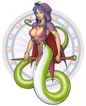  blue_hair breasts breath_of_fire cleavage deis hood lamia large_breasts lowres monster_girl naga scales 