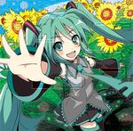  aqua_eyes aqua_hair flower foreshortening hands hatsune_miku ixy long_hair outstretched_hand smile solo sunflower thighhighs twintails vocaloid zettai_ryouiki 