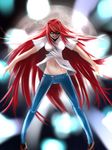  aozaki_aoko black_maria denim fang full_moon groin highres impossible_clothes jeans legs_apart long_hair melty_blood moon navel panties pants red_hair solo tsukihime underwear 