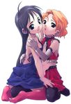  black_eyes black_hair blood blue_eyes copyright_request dress elbow_gloves gloves hug kiss kneeling long_hair multiple_girls pink_legwear satou_toshiyuki short_hair skirt thighhighs tongue yuri 