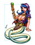  blue_hair breasts breath_of_fire cleavage deis hood lamia large_breasts monster_girl naga scales 