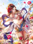  &#039;o&#039;ne bare_shoulders blue_earrings blue_ribbon blue_sky breasts brown_hair cleavage cleavage_cutout day detached_sleeves flower glint hair_flower hair_ornament hill holding holding_instrument instrument leotard lute_(instrument) medium_breasts nail_polish outdoors pink_nails ribbon shingoku_no_valhalla_gate sky standing sunlight thighlet water watermark 