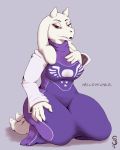  2019 anthro big_breasts boss_monster bovid breasts caprine clothed clothing digital_media_(artwork) female fur goat hi_res horn kneeling long_ears looking_at_viewer mammal simple_background solo squeeshy text toriel undertale video_games white_fur 
