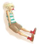  alive_-_the_final_evolution blonde_hair blue_eyes candy food highres lollipop shirt short_twintails shorts sitting solo striped striped_shirt swirl_lollipop tank_top tezuka_aoi toiletseat twintails 