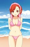  1girl beach bikini blush breasts cleavage female megami_ibunroku_devil_survivor ocean outdoors sea sky smile solo swimsuit tanigawa_yuzu 