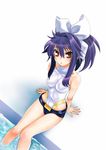  bare_shoulders blush bodysuit brown_eyes from_above hair_ribbon hikabe_sakuho legs long_hair one-piece_swimsuit ponytail pool purple_hair ribbon shinrabanshou shorts sitting solo swimsuit water yuuyami_no_mikazuki 