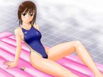  1girl arena_(company) bare_arms bare_shoulders blue_eyes blush brown_hair clothed_navel collarbone competition_swimsuit condom covered_navel erect_nipples highleg highleg_swimsuit inflatable_raft knees legs long_legs one-piece_swimsuit see-through solo swimsuit thighs tile_floor tiles 