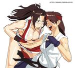  2girls diagos king_of_fighters kof long_hair multiple_girls muscle ninja punch punching rope sakazaki_yuri shiranui_mai snk yuri_sakazaki 