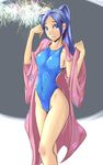  aerial_fireworks aono_miki bad_id bad_pixiv_id blue_eyes blue_hair breasts cameltoe competition_swimsuit covered_nipples fireworks fresh_precure! highleg highleg_swimsuit japanese_clothes kimono long_hair medium_breasts one-piece_swimsuit open_clothes open_shirt pink_kimono ponytail precure saitou_(sugarsa10) shirt solo swimsuit yukata 