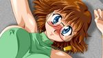  90s :3 armpits arms_up bare_shoulders blue_eyes blush breasts brown_hair character_request erect_nipples game_cg glasses kimura_takahiro large_breasts looking_at_viewer lying necklace no_bra on_air_(game) on_back on_floor round_glasses short_hair sideboob solo source_request 