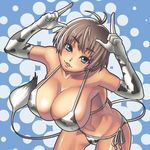  2009 animal_print armpits bare_shoulders bikini blue_eyes breasts brown_hair cleavage cow_print cow_tail elbow_gloves gloves huge_breasts knife_(artist) lips new_year original short_hair side-tie_bikini solo swimsuit tail 