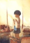  bag blue_skirt chair classroom desk indoors long_sleeves original pleated_skirt profile satou_toshiyuki school_bag school_briefcase school_desk shirt short_hair skirt solo standing sunset unbuttoned unbuttoned_shirt undressing white_shirt 