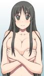  akiyama_mio bangs black_eyes black_hair blush breast_hold breast_squeeze breasts closed_mouth collarbone covering covering_breasts deep_skin hair_over_breasts highres hijiri_rei huge_breasts k-on! long_hair looking_at_viewer nude sidelocks solo straight_hair upper_body 
