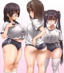  :o arms_behind_back asanagi ass belly braid breasts buruma covered_nipples glasses gradient gradient_background gym_uniform hair_ornament hair_over_shoulder hairclip highres huge_breasts kneehighs large_breasts looking_at_viewer multiple_girls original plump profile short_sleeves thigh_gap thighhighs thighs twin_braids twintails white_legwear 