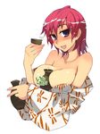  alcohol bare_shoulders between_breasts blush breasts choko_(cup) cleavage cup japanese_clothes kimono kimono_pull kusanagi_tonbo large_breasts original purple_eyes red_hair sake short_hair simple_background smile solo tokkuri yukata 